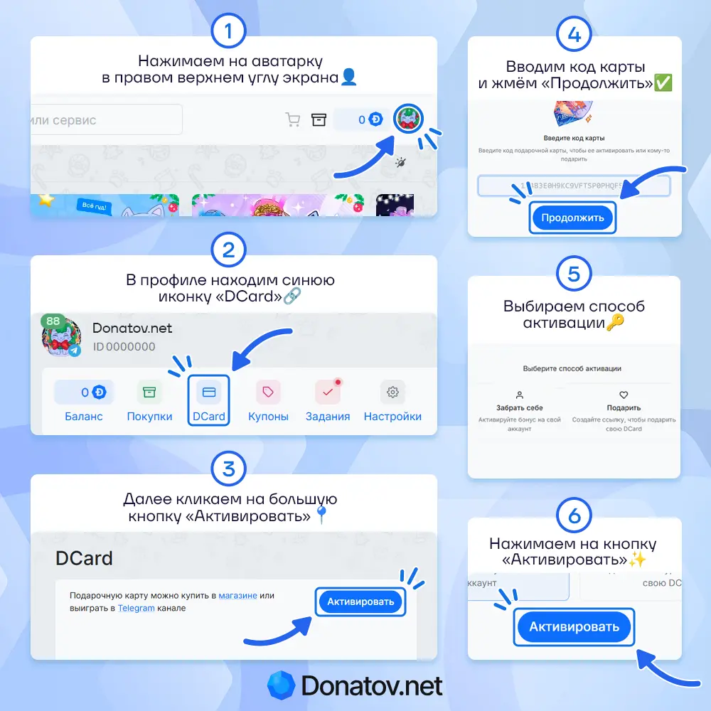 Как активировать подарочную карту Donatov.net и получить Dcoin